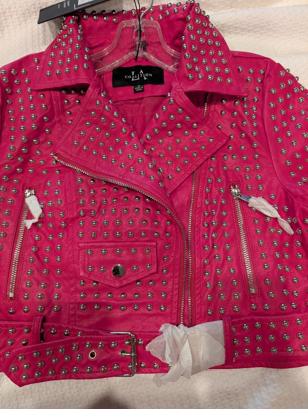 Studded Hot Pink 100%Polyester Moto Jacket - Women's